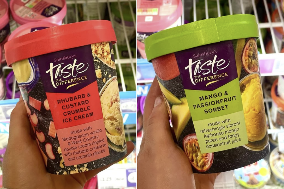 Rhubarb and Custard Crumble ice cream/Mango and Passionfruit Sorbet in tubs