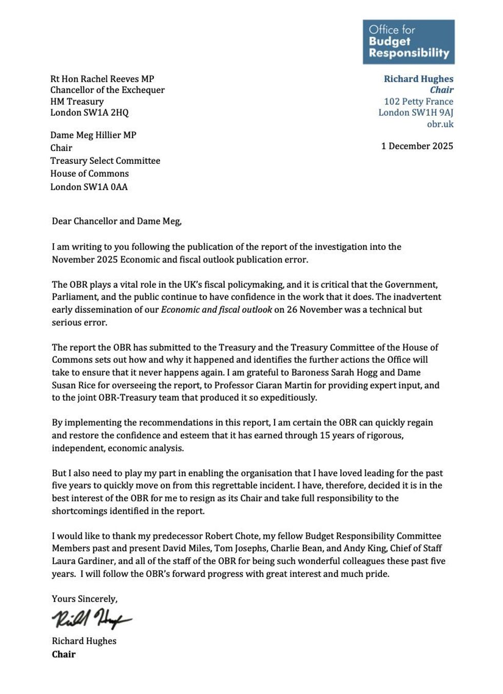 Richard Hughes sent his 360-word letter to Rachel Reeves and Dame Meg Hillier