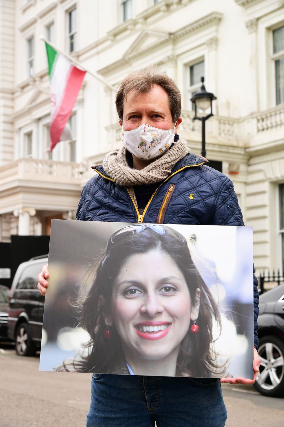 Richard Ratcliffe, the husband of Nazanin Zaghari-Ratcliffe, takes part in a protest outside the Iranian Embassy in London.