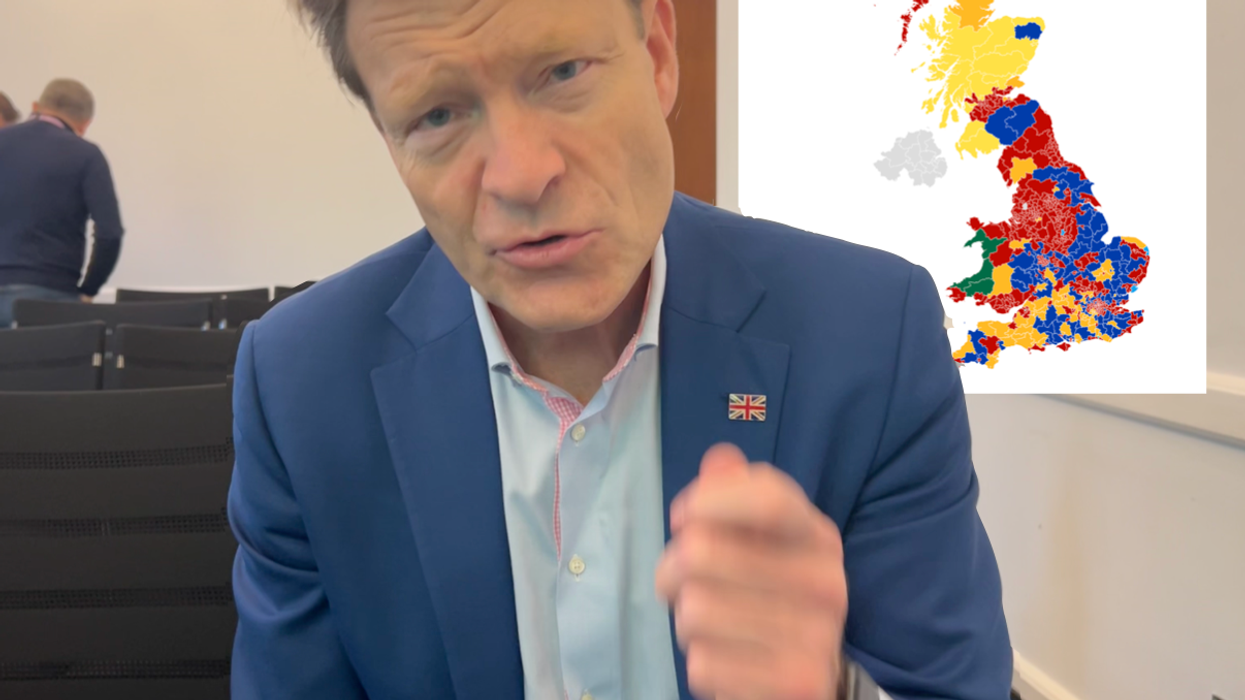 Richard Tice (left), UK map (right)