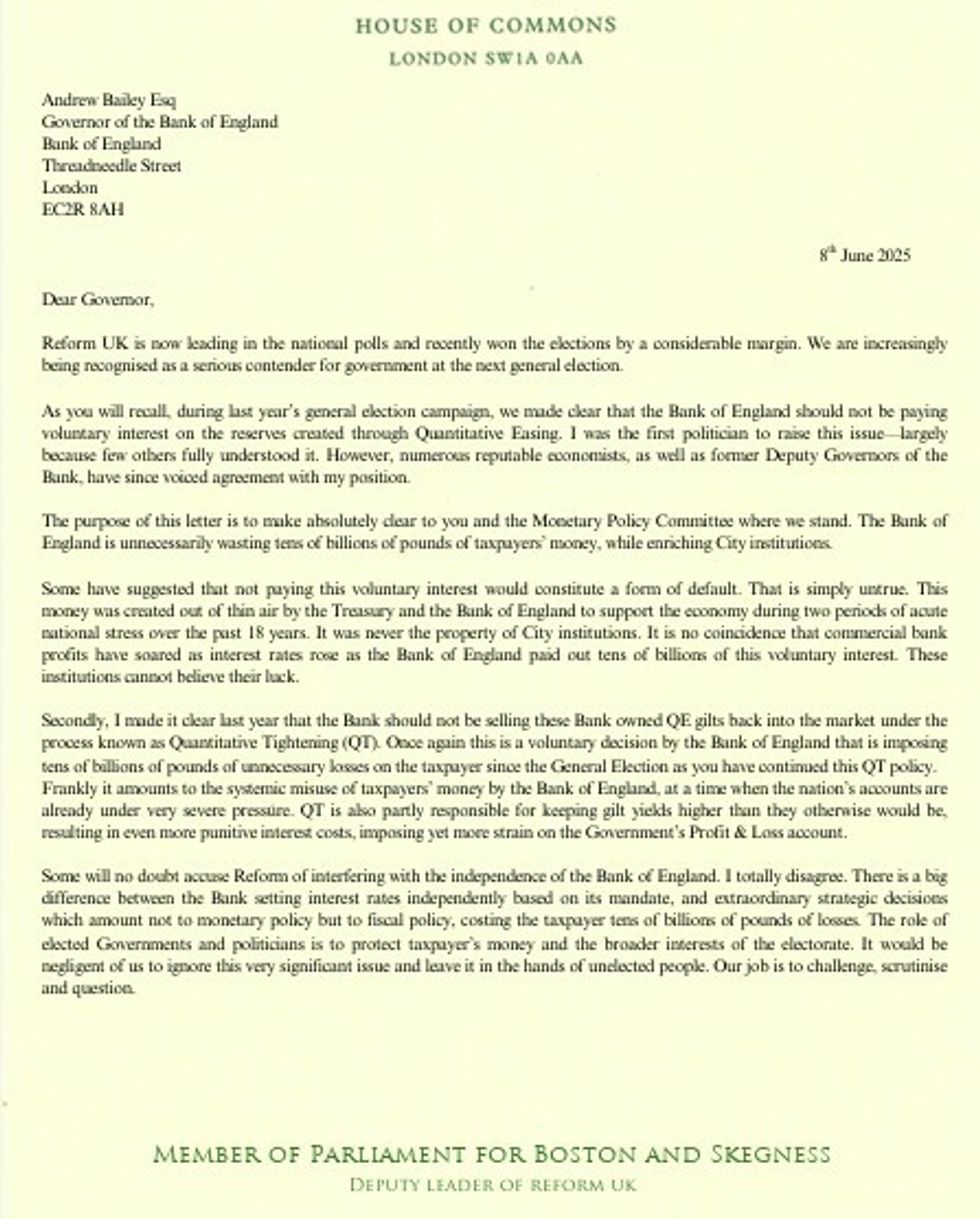 Richard Tice's letter to the Bank of England (part 1)