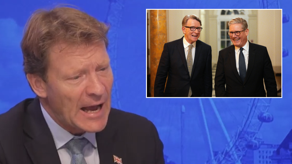 Richard Tice with an inset image of Lord Mandelson and Keir Starmer