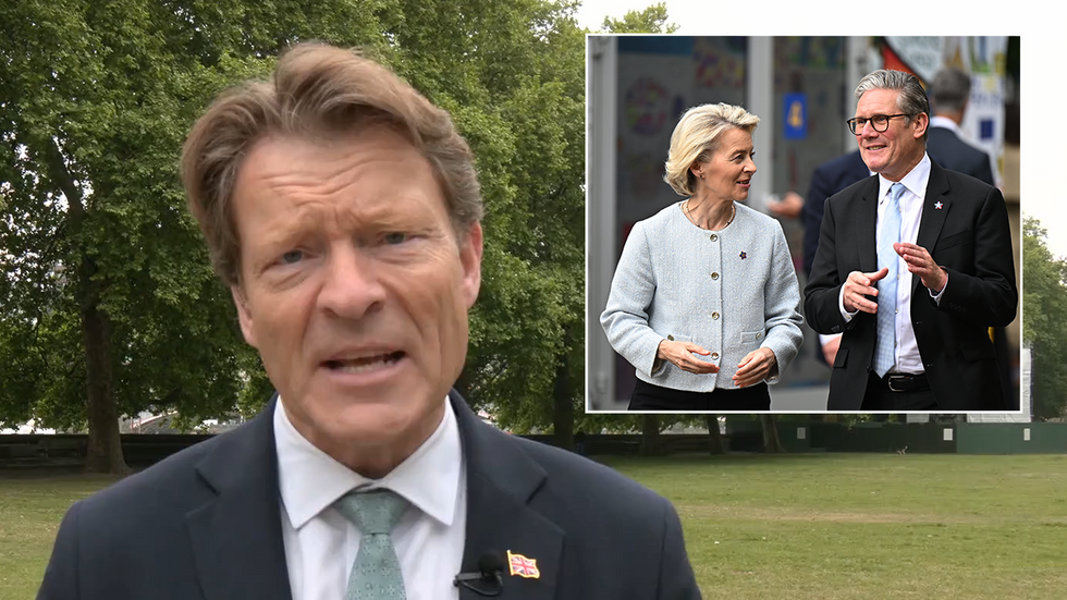 Richard Tice with an inset image of Ursula von der Leyen and Keir Starmer