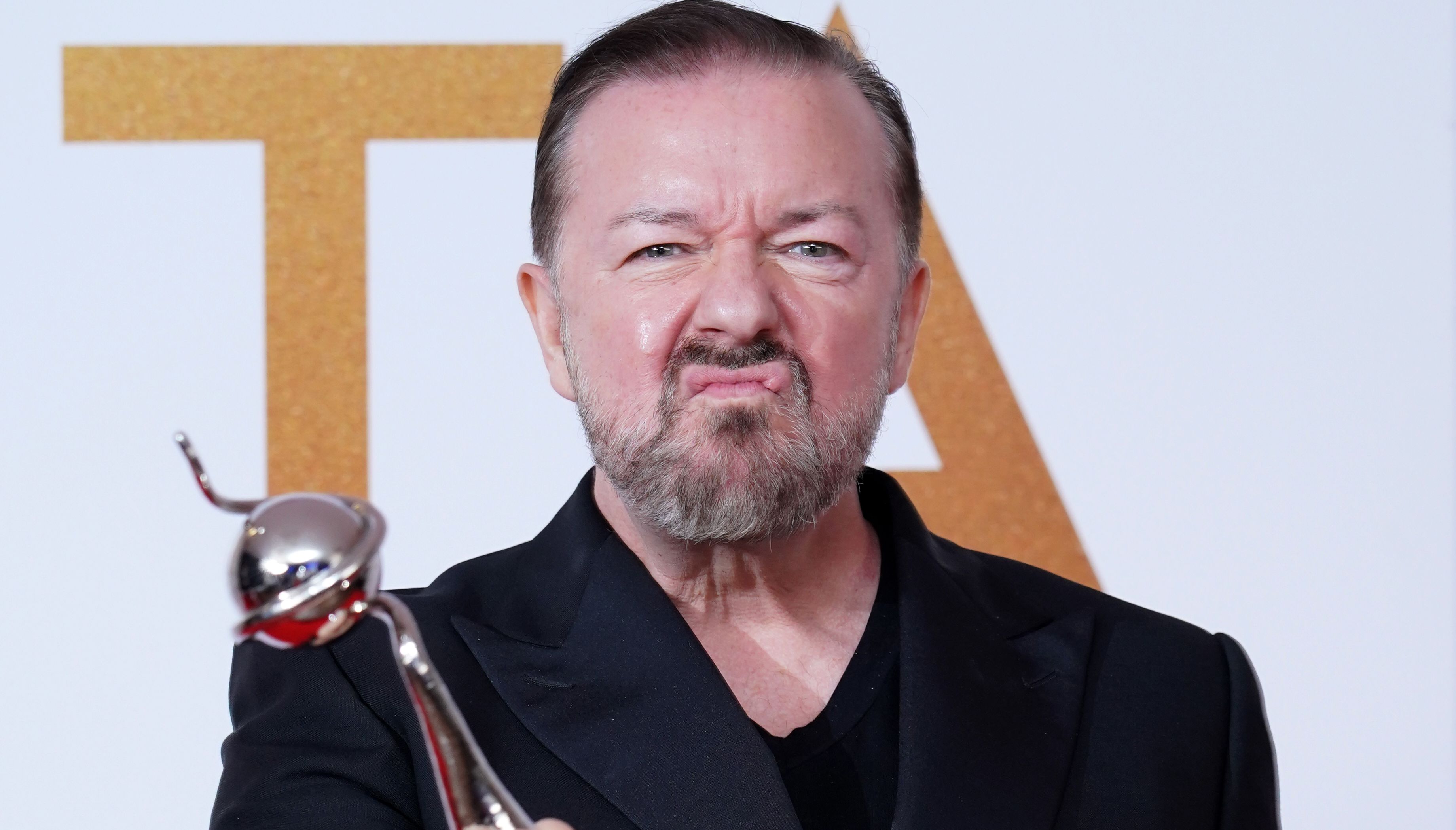 Ricky Gervais in the press room after winning the Comedy award for After Life at the National Television Awards 2021 held at the O2 Arena, London. Picture date: Thursday September 9, 2021.