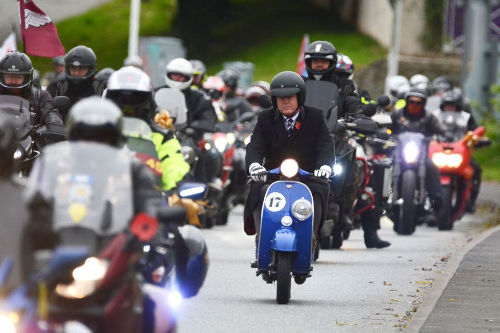 Riders from Rolling Thunder UK join the cortege towards St Andrew's Church in Plymouth for the funeral of Dennis Hutchings.