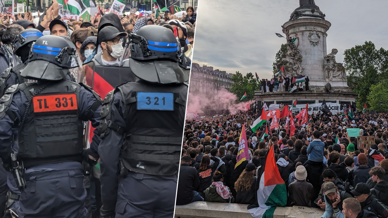 Riot police and pro-Palestine protesters in Paris/protesters on monument in Paris