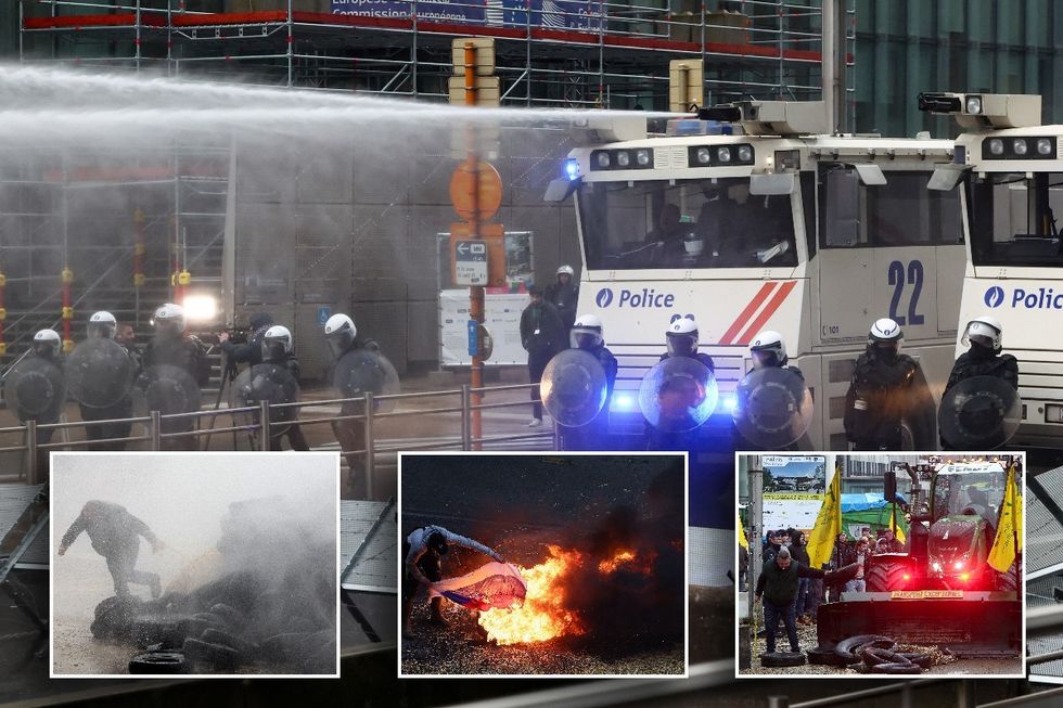 Riot police fire water cannon after farmers light bonfire