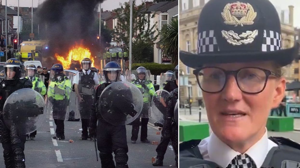 Riot police hold back protesters in Southport and Chief Constable Serena Kennedy Merseyside Police