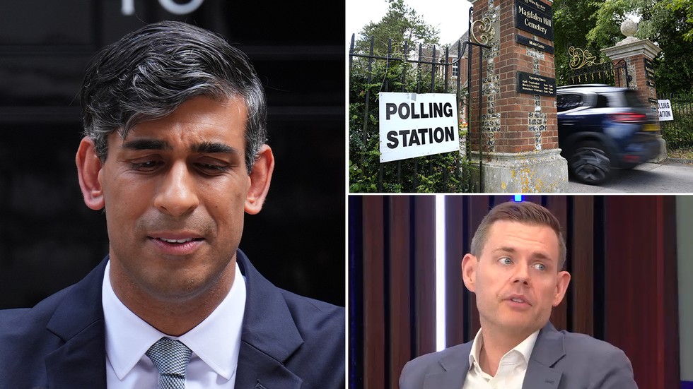 Rishi Sunak, a polling station and Matt Goodwin