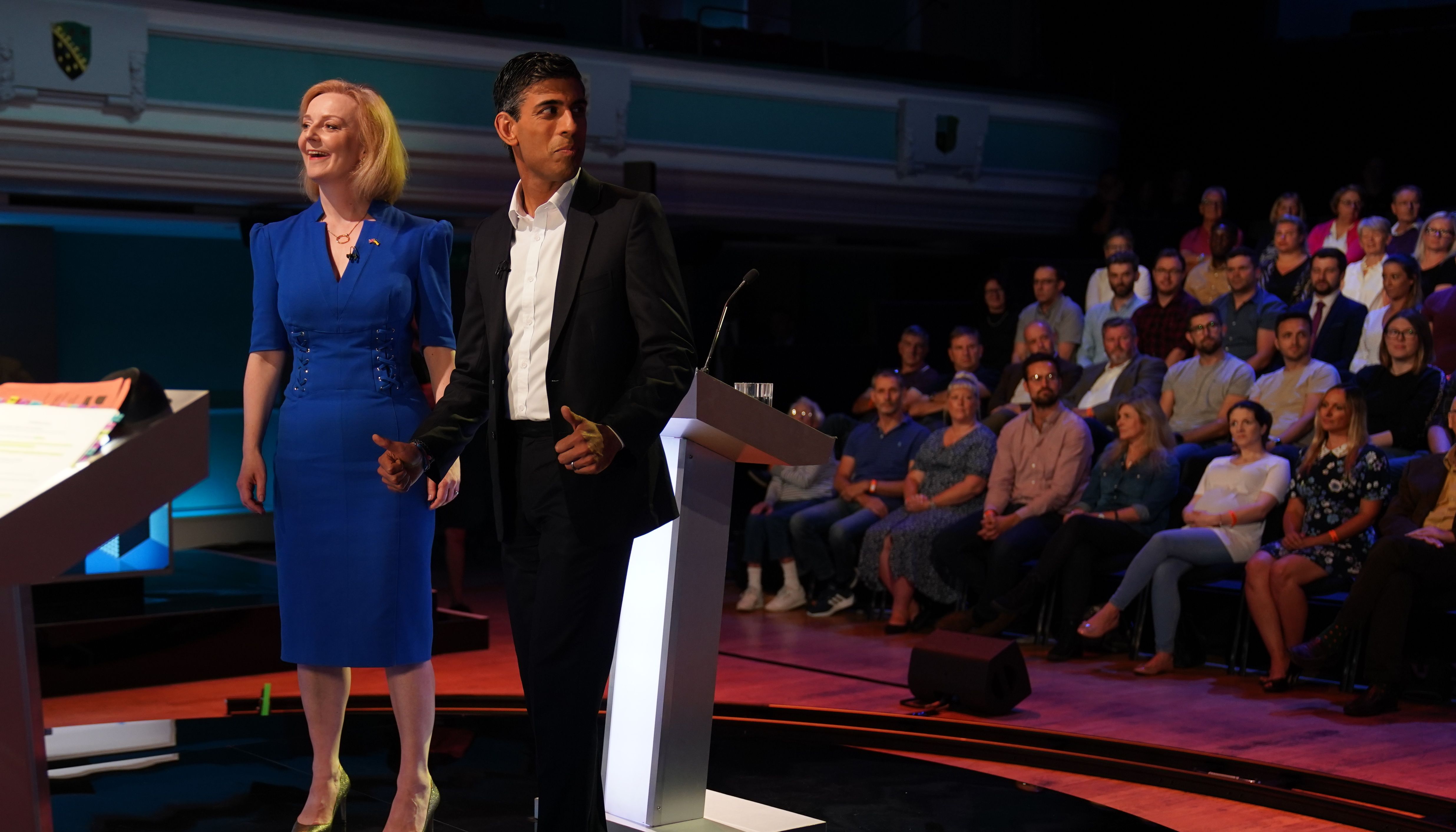 Rishi Sunak and Liz Truss before taking part in the BBC Tory leadership debate, Our Next Prime Minister, presented by Sophie Raworth, a head-to-head debate at Victoria Hall in Hanley, Stoke-on-Trent, between the Conservative party leadership candidates. Picture date: Monday July 25, 2022.
