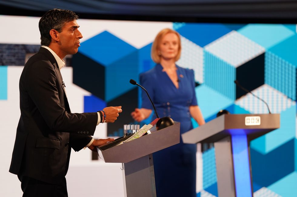 Rishi Sunak and Liz Truss taking part in a Tory leadership debate in Stoke-on-Trent