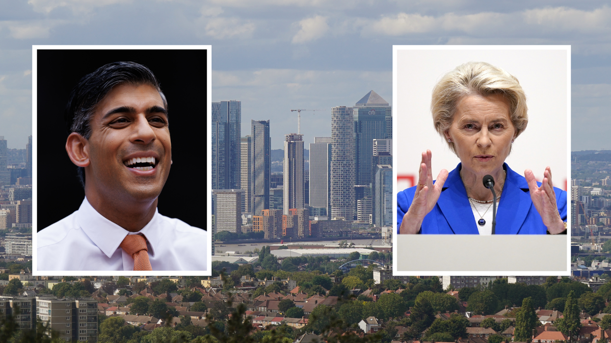 Rishi Sunak and Ursula Von Der Leyen composites over Canary Wharf