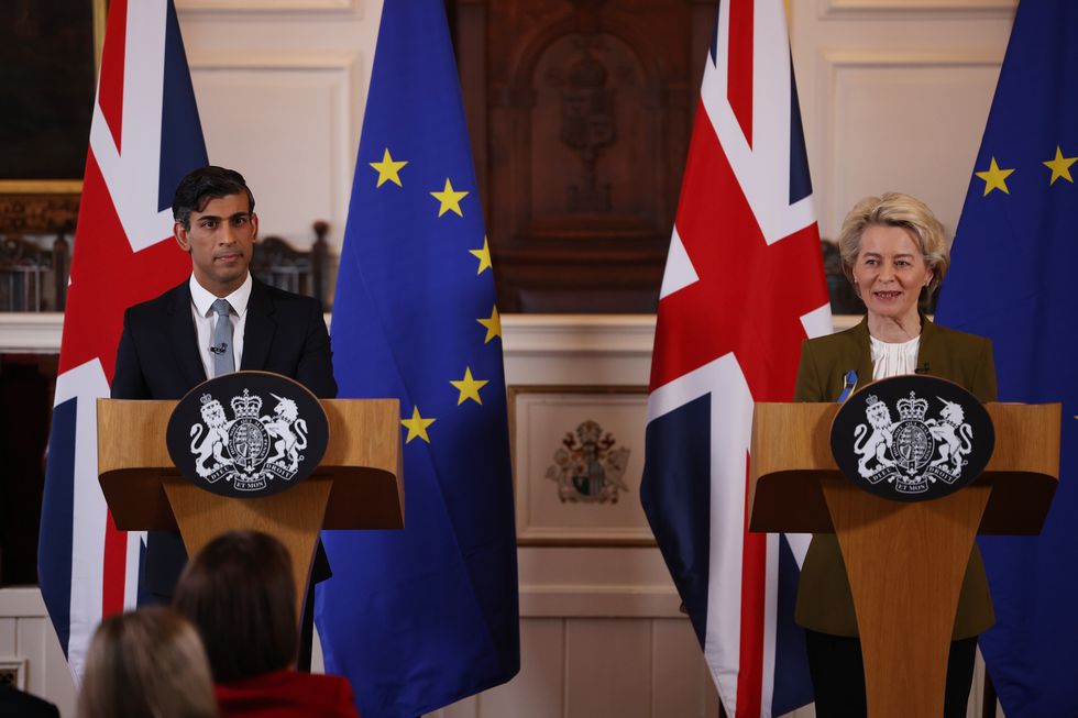 Rishi Sunak and Ursula von der Leyen deliver a speech following their Brexit agreement