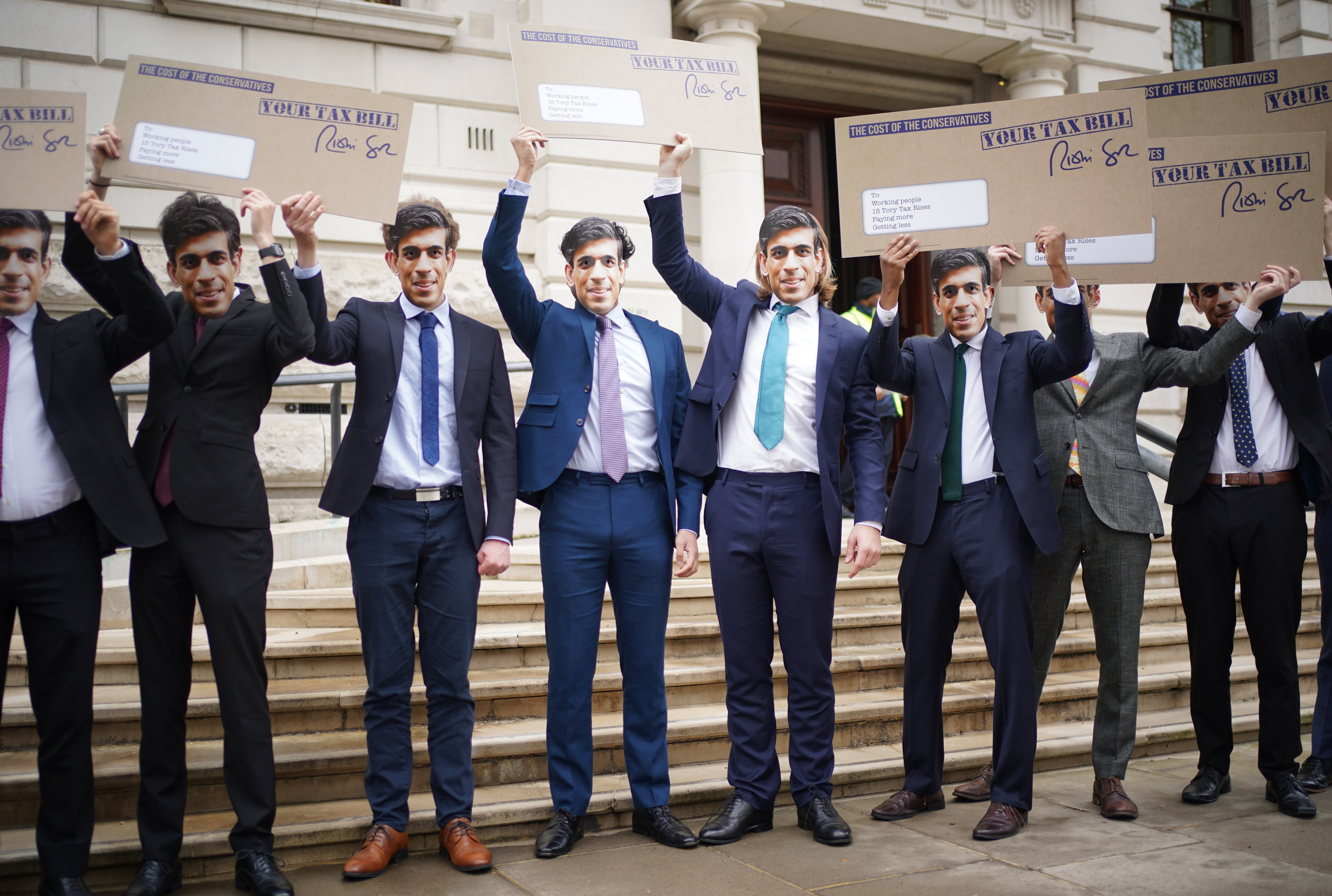 Rishi Sunak has been targeted this week as protesters wore masks of the Chancellor outside the Treasury