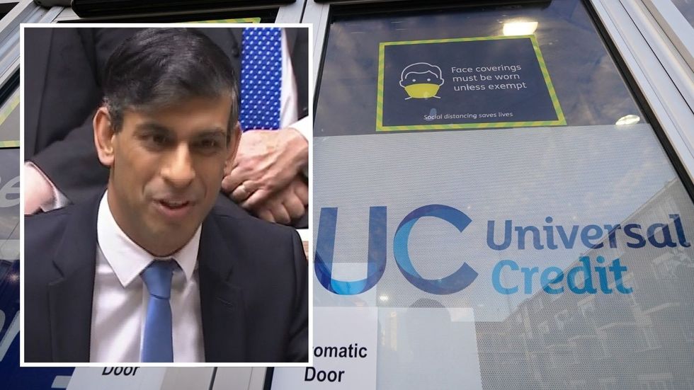 Rishi Sunak in House of Commons and Universal Credit sign on Jobcentre door