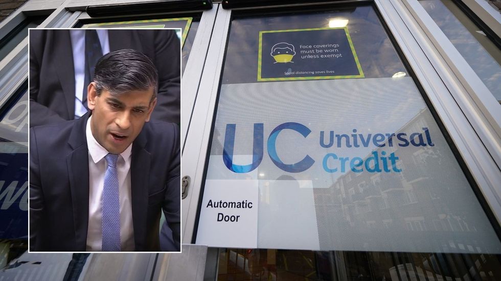 Rishi Sunak in House of Commons and Universal Credit sign