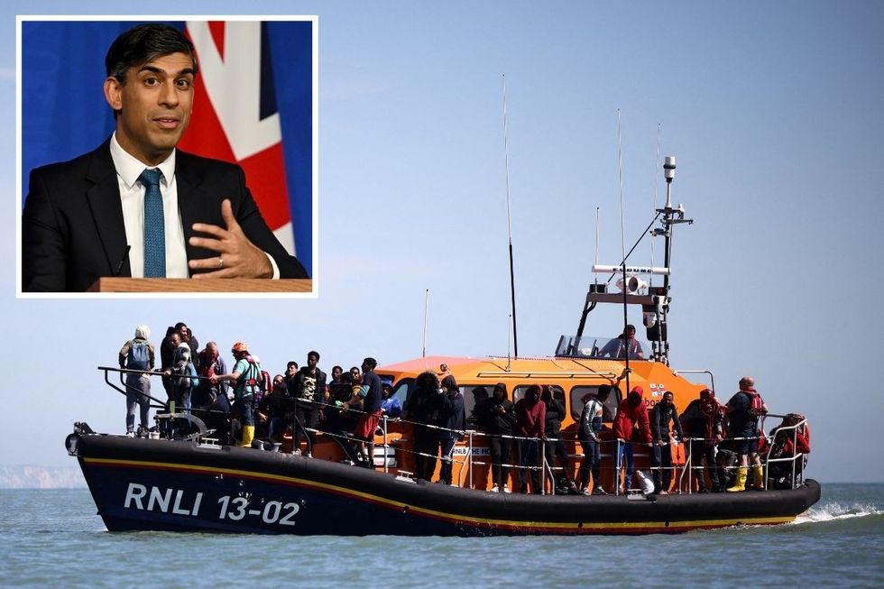 Rishi Sunak (inset) and migrant boats