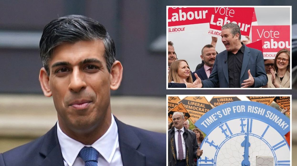 Rishi Sunak, inset Keir Starmer and Ed Davey