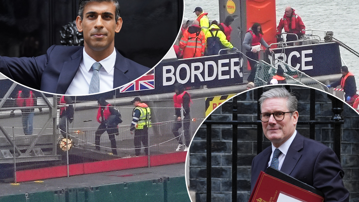 Rishi Sunak, Keir Starmer, people thought to be migrants being brought to Dover by a Border Force vessel