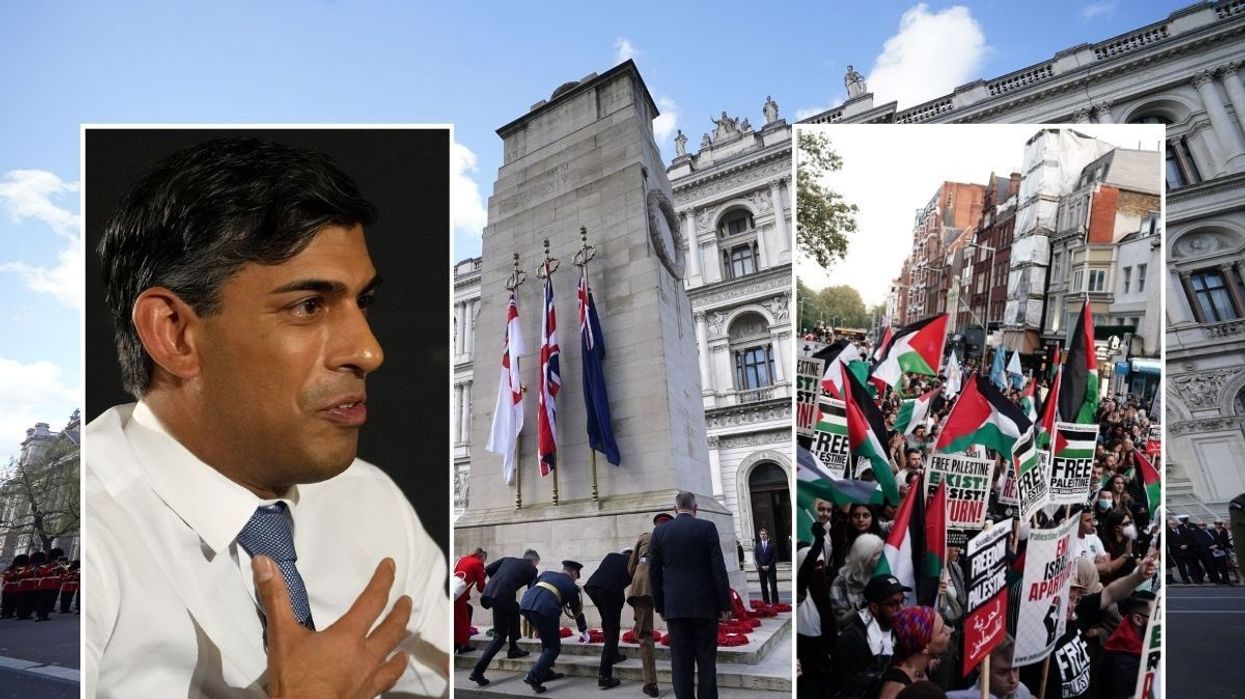 Rishi Sunak (left), Cenotaph (middle), pro-Palestine protesters (right)