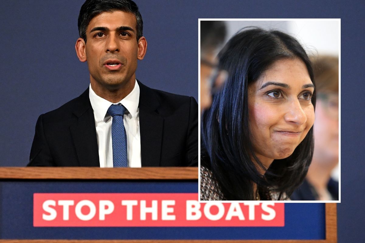 Rishi Sunak stood at a podium with a 'stop the boats' sign. Suella Braverman inset