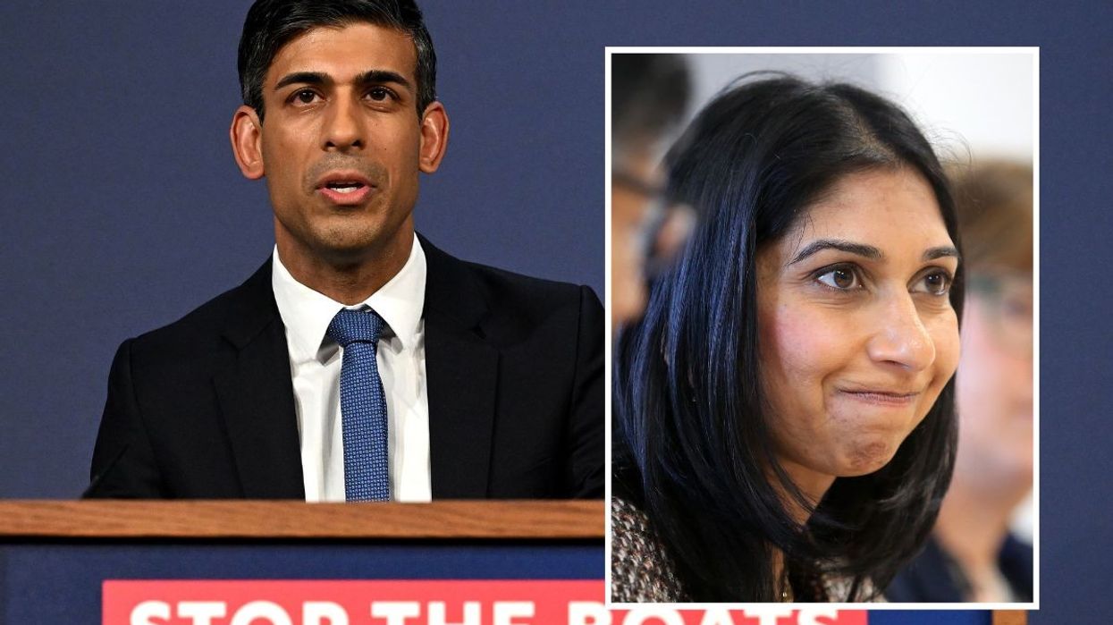 Rishi Sunak stood at a podium with a 'stop the boats' sign. Suella Braverman inset