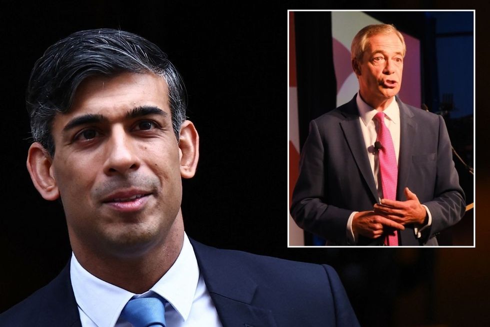 Rishi Sunak with an inset of Nigel Farage