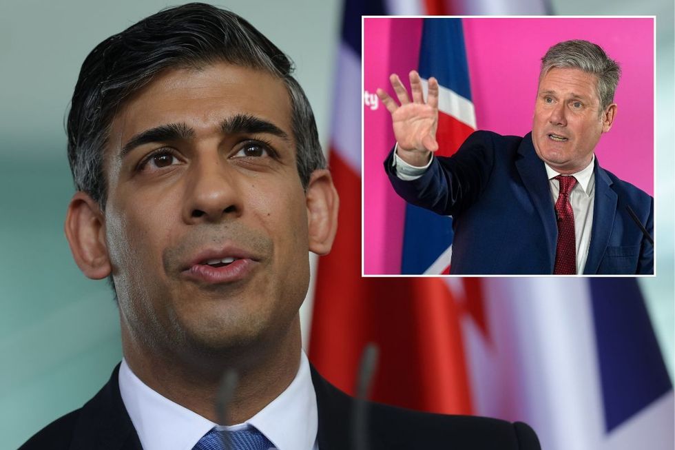 Rishi Sunak with an inset of Sir Keir Starmer