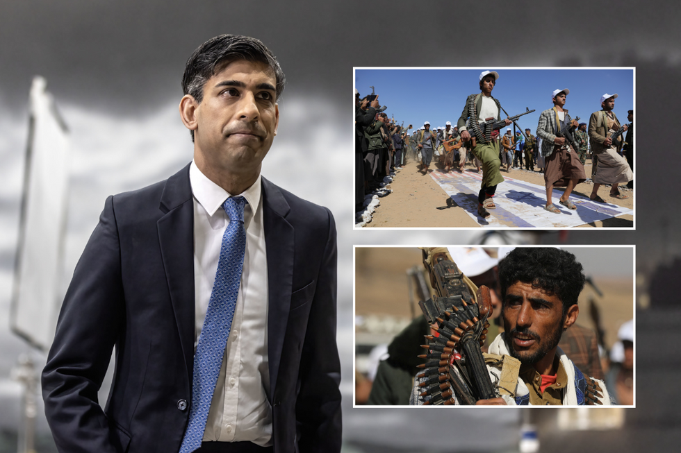 Rishi Sunak with insets of Houthi rebels