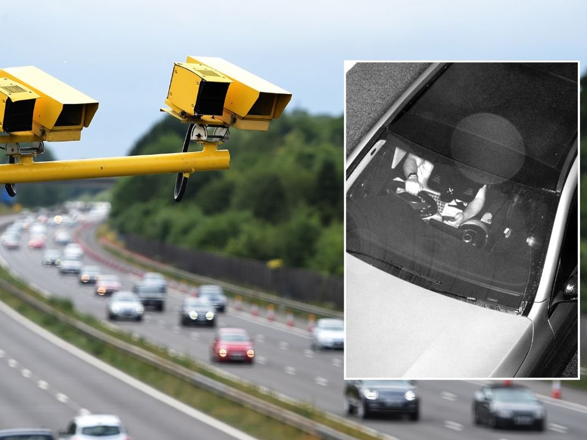 Road cameras and an image of a driver using their phone at the wheel
