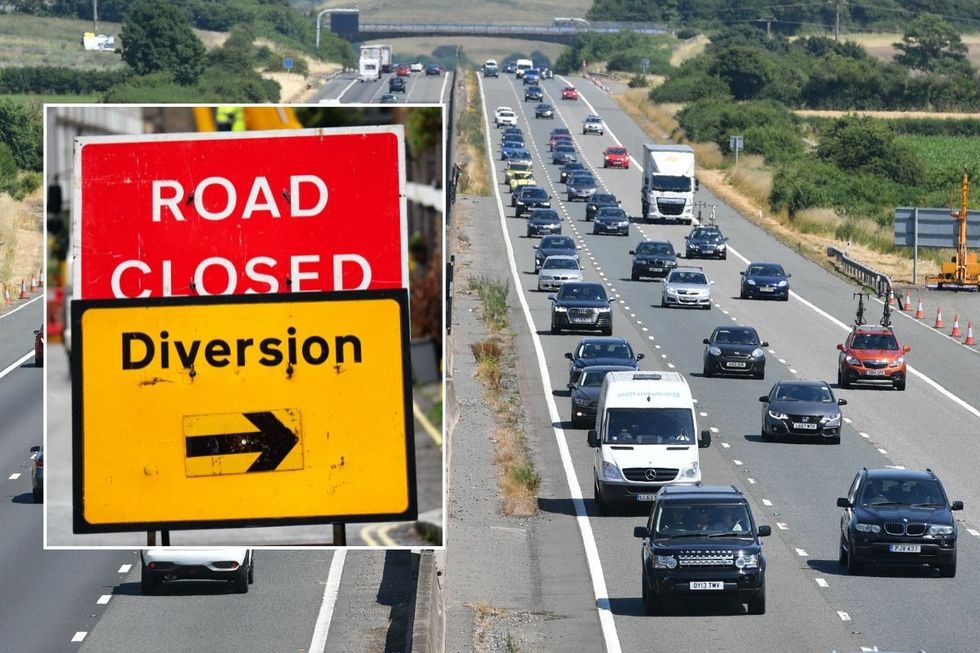 Road closed sign and a busy UK motorway