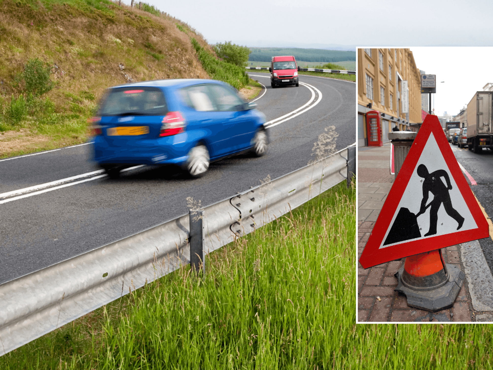 Road works sign and motorway improvements
