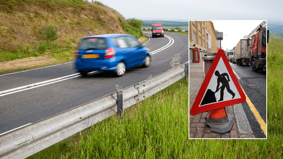 Road works sign and rural road