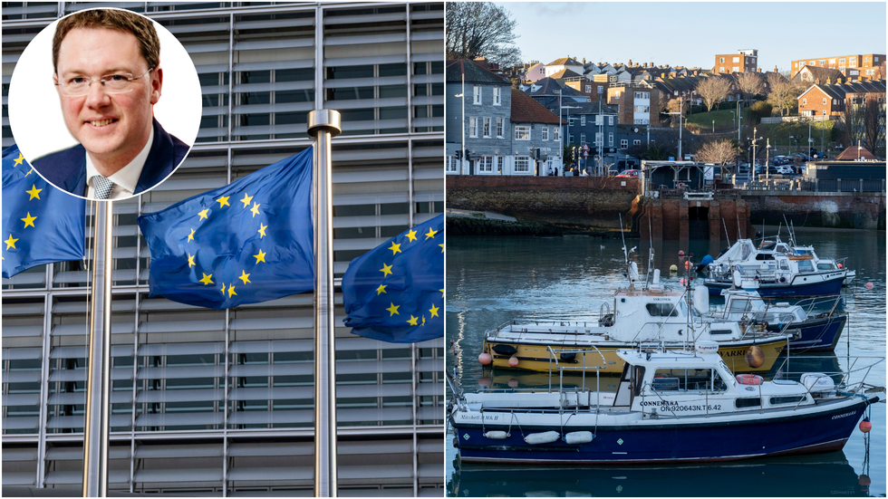 Robert Courts KC, European Union flags and British fishing boats