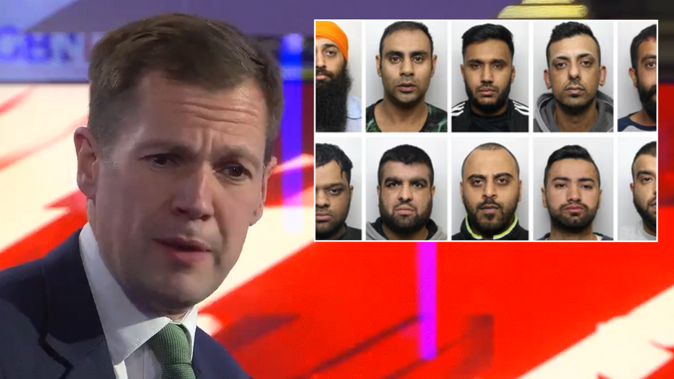 Robert Jenrick and an inset picture of members of a grooming gang