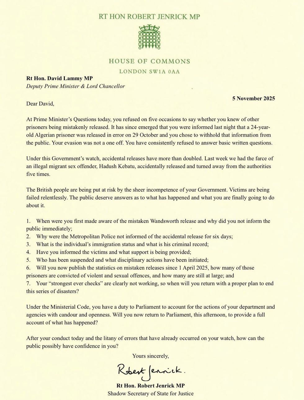 Robert Jenrick has penned a letter to David Lammy