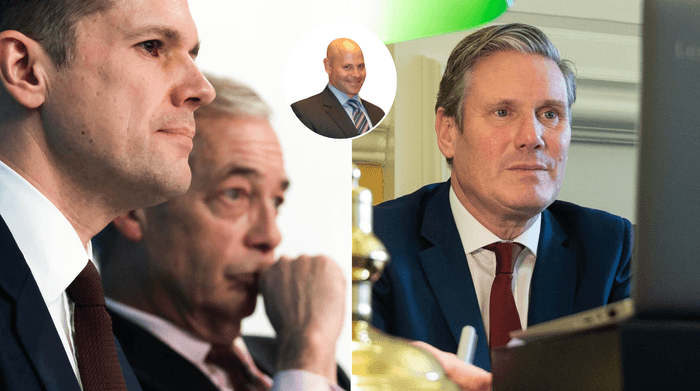 Robert Jenrick (left), Nigel Farage (second left), Lee Cohen (middle), Keir Starmer (right)