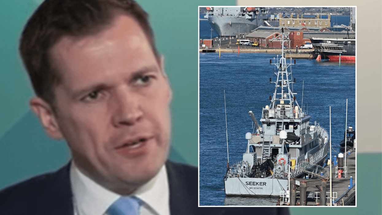 Robert Jenrick; Royal Navy, RFA Argus a primary casualty receiving ship (A135) of the Royal Fleet Auxiliary (top) and HMC Seeker, Border Force (customs) cutter are moored in Portsmouth harbour