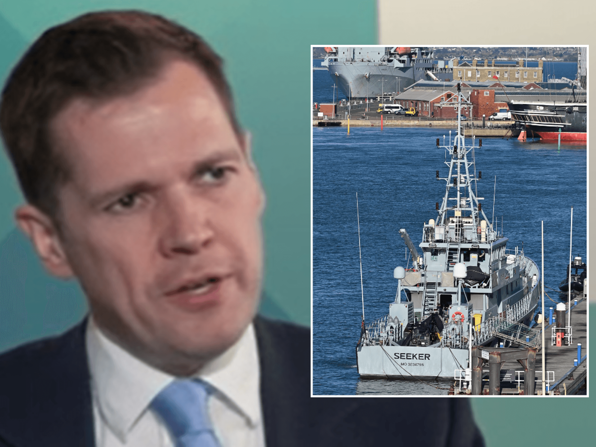Robert Jenrick; Royal Navy, RFA Argus a primary casualty receiving ship (A135) of the Royal Fleet Auxiliary (top) and HMC Seeker, Border Force (customs) cutter are moored in Portsmouth harbour