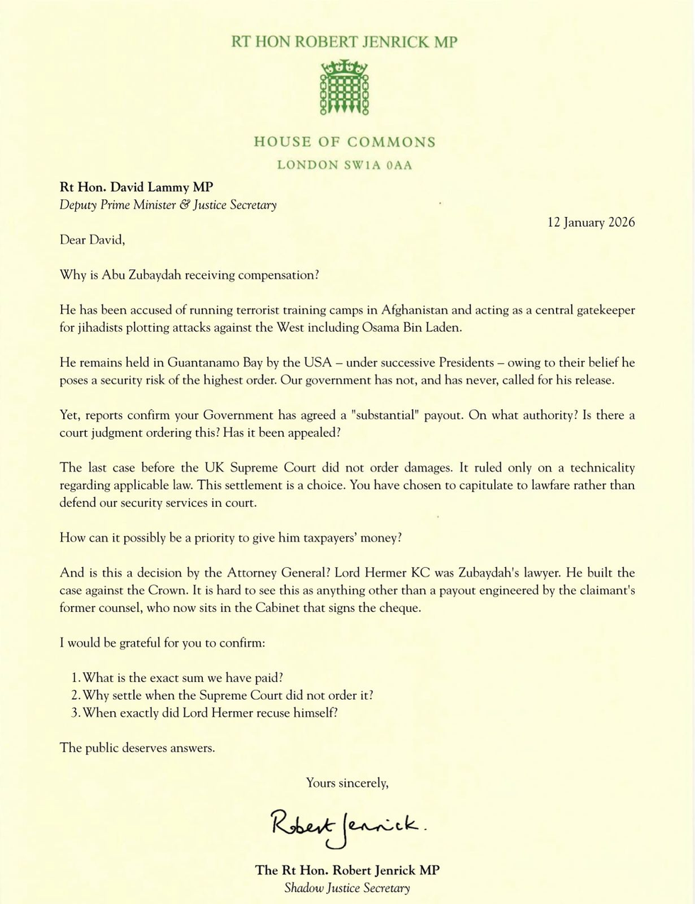 Robert Jenrick's letter to David Lammy