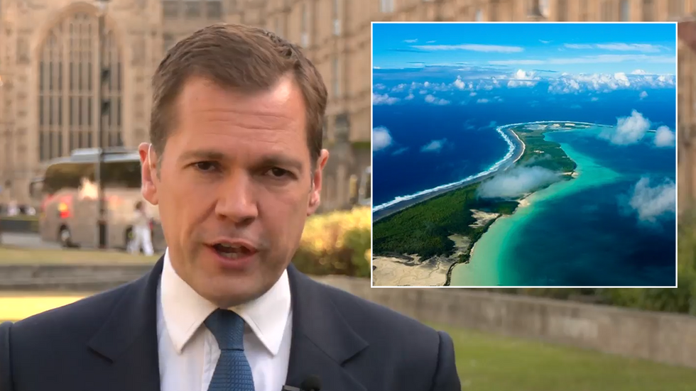 Robert Jenrick with an inset image of Chagos Islands