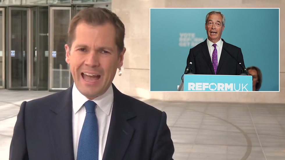 Robert Jenrick with an inset image of Nigel Farage