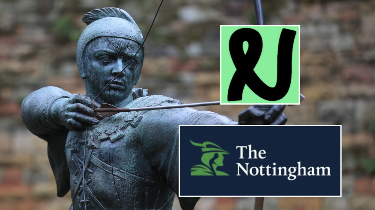 Robin Hood Statue in Nottingham. Inset image of new Nottingham Building Society logo above its old logo