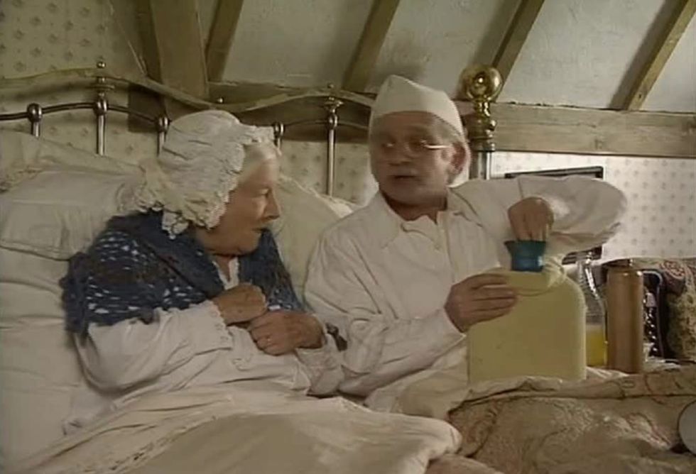 Robin Parkinson [right] and Rose Hill [left] in 'Allo 'Allo! (1982)