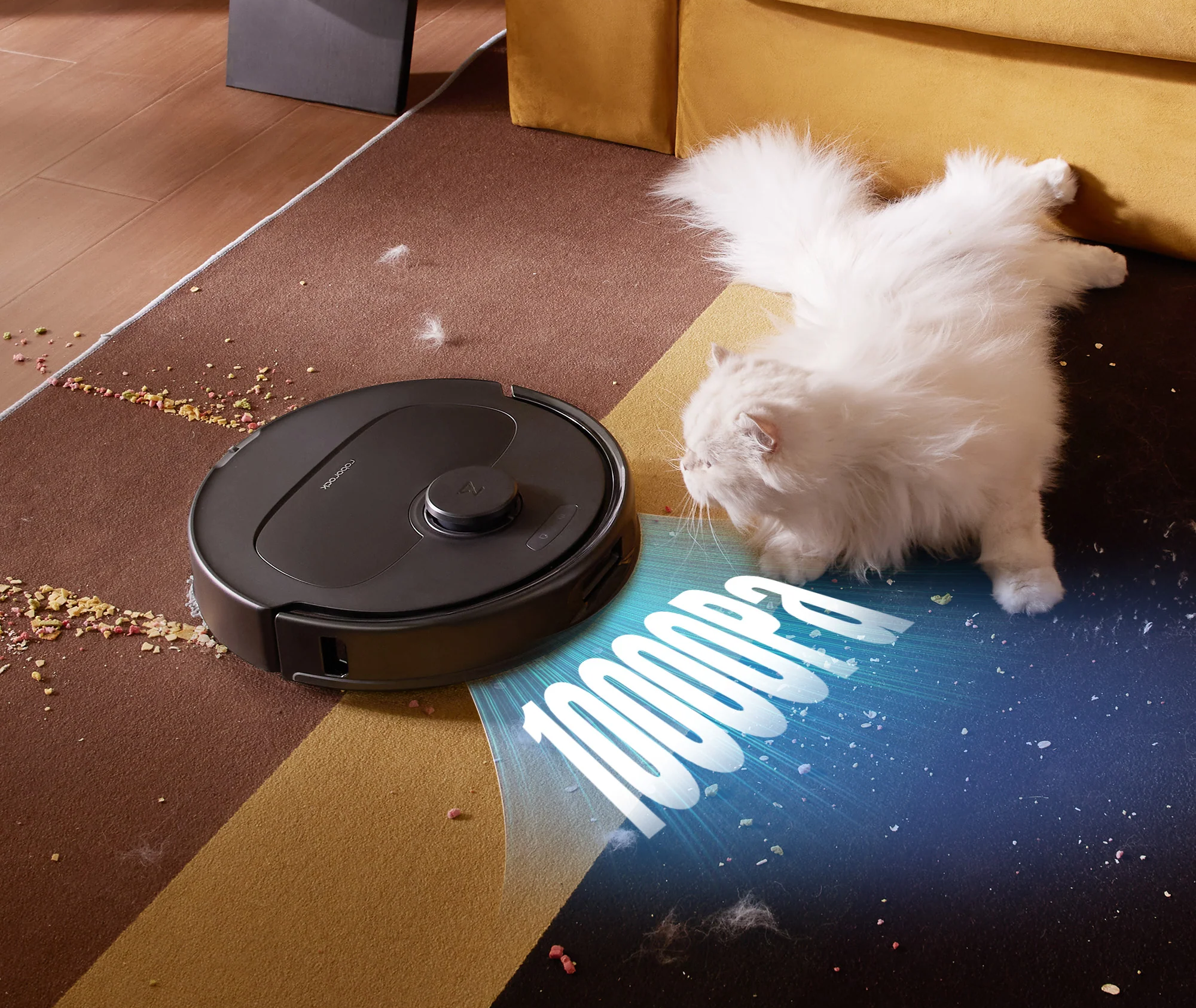 Roborock illustration showing the 10,000 Pa suction from the carpet with a white cat looking on