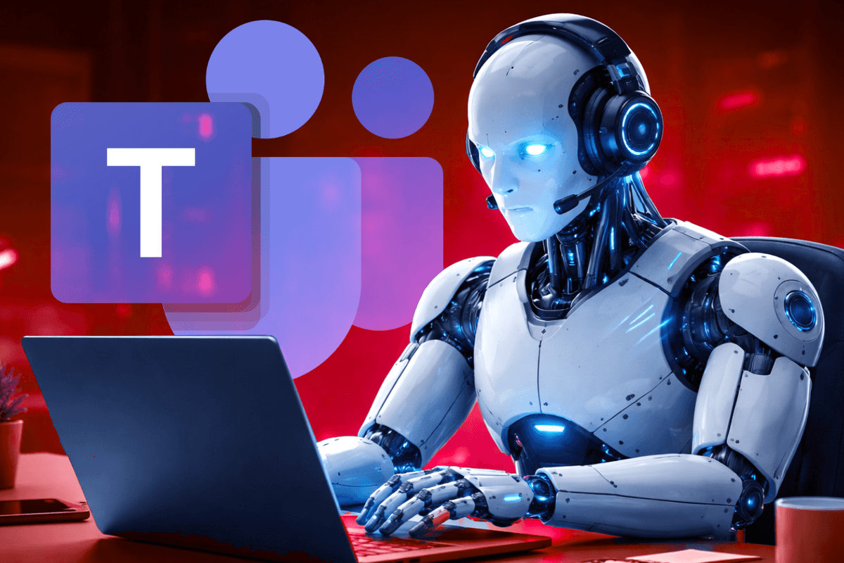 Robot wearing headset and working from laptop with Microsoft Teams logo