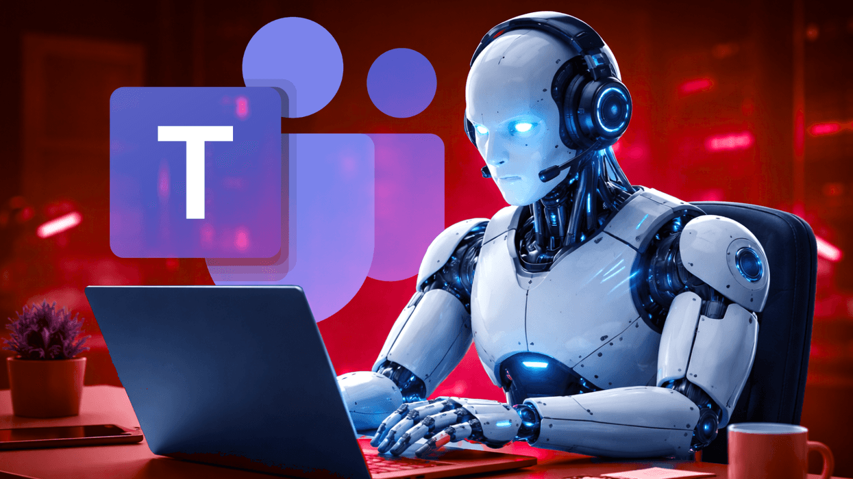 Robot wearing headset and working from laptop with Microsoft Teams logo