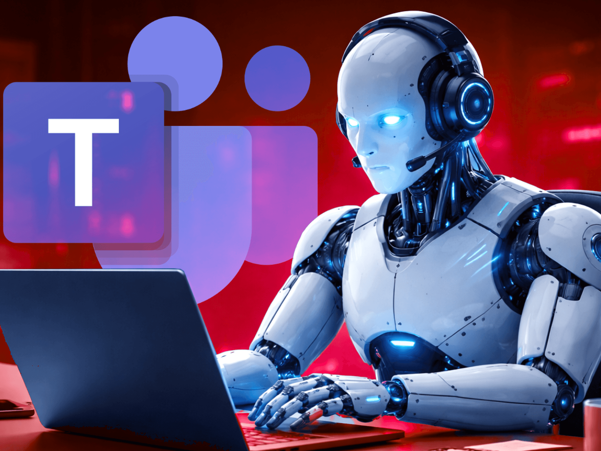 Robot wearing headset and working from laptop with Microsoft Teams logo