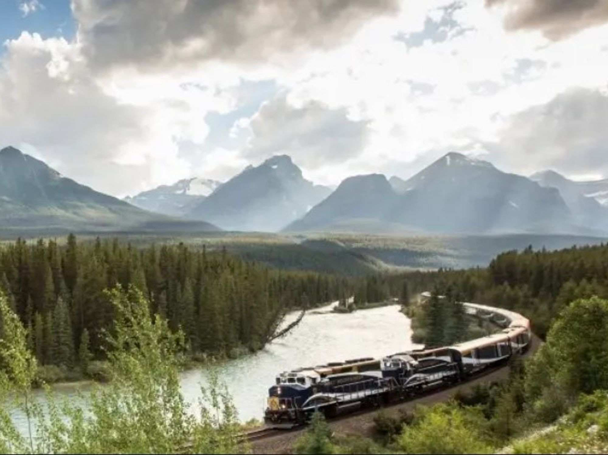 Rocky Mountaineer train going past mountains