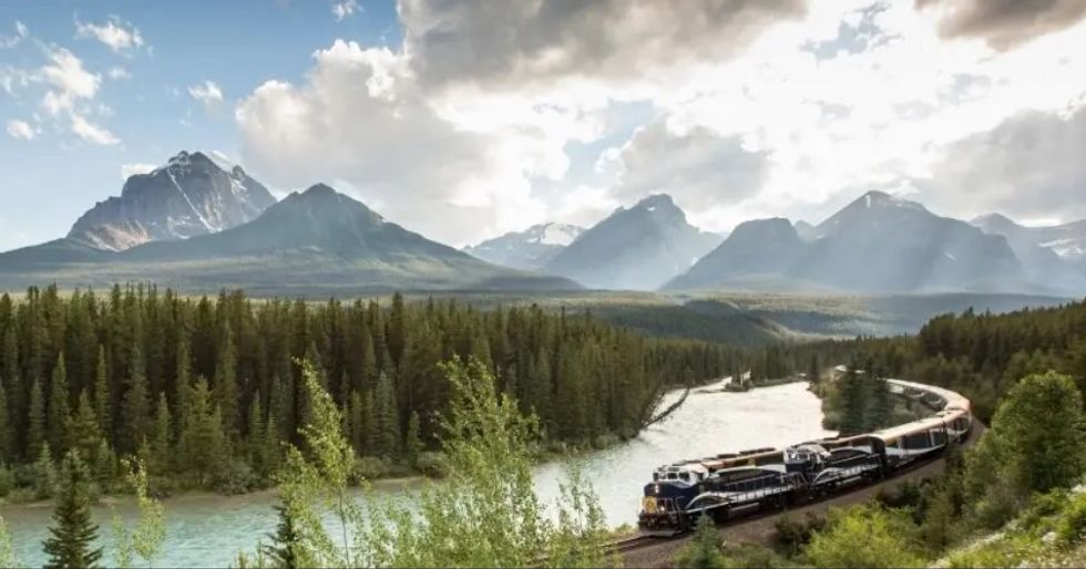 Rocky Mountaineer train going past mountains